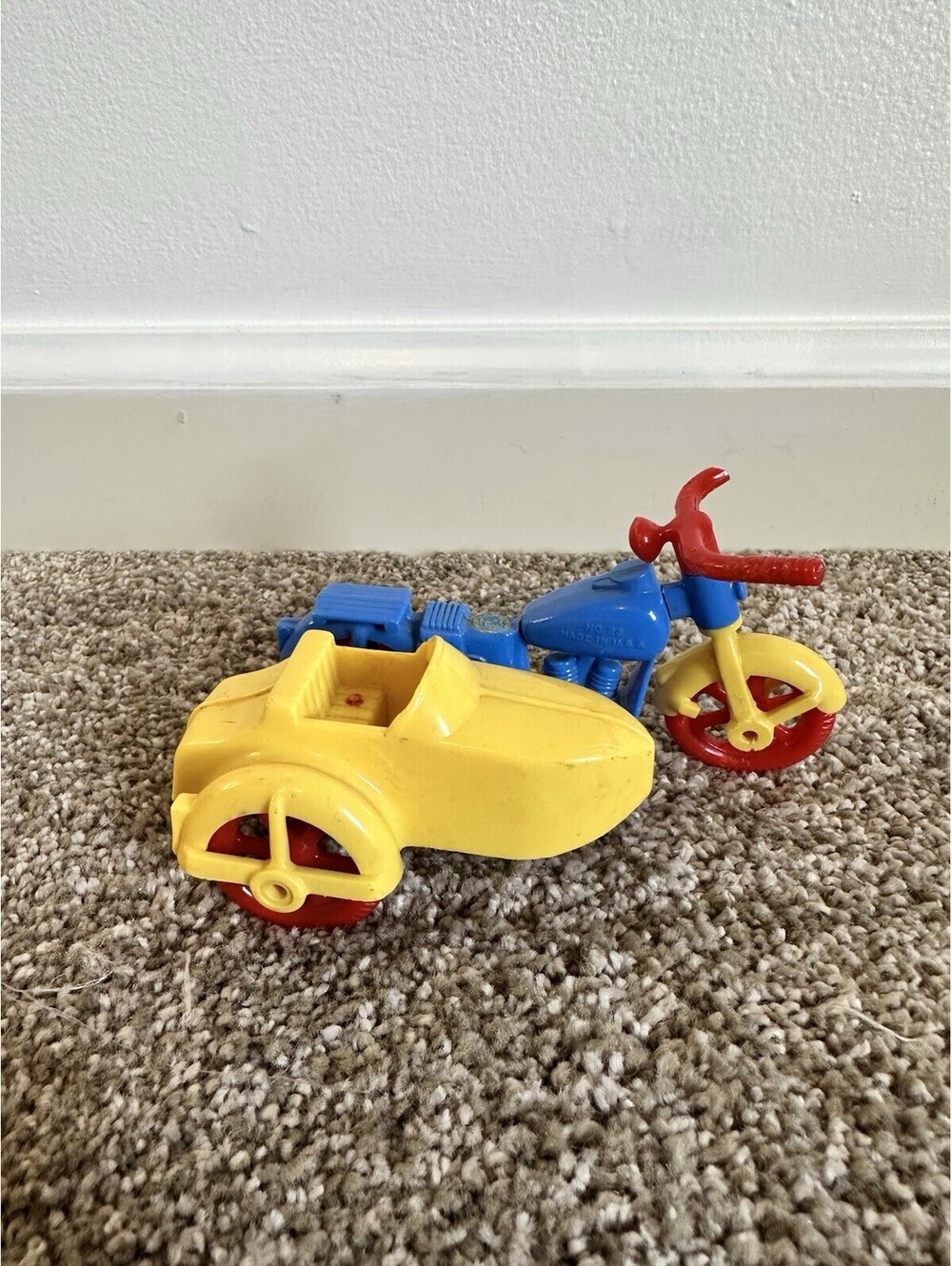 Vintage Renwal Products #23 Toy Motorcycle Sidecar Yellow Red Blue USA C1950s